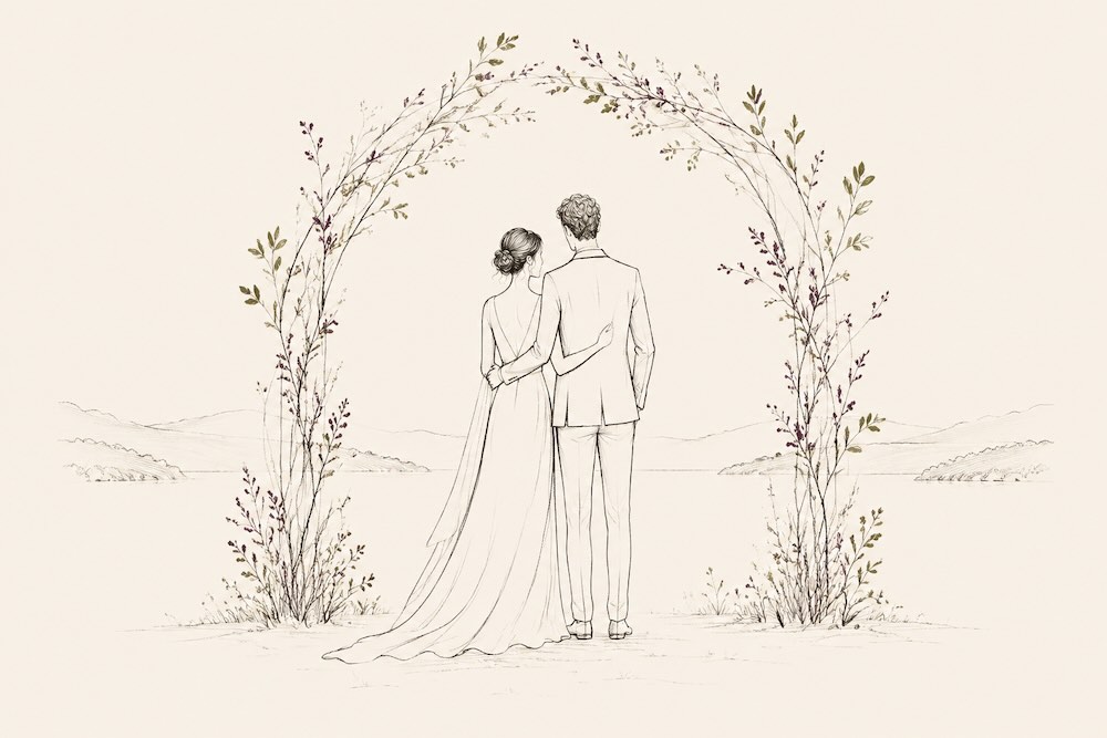 Couple under wedding arch, lined drawing